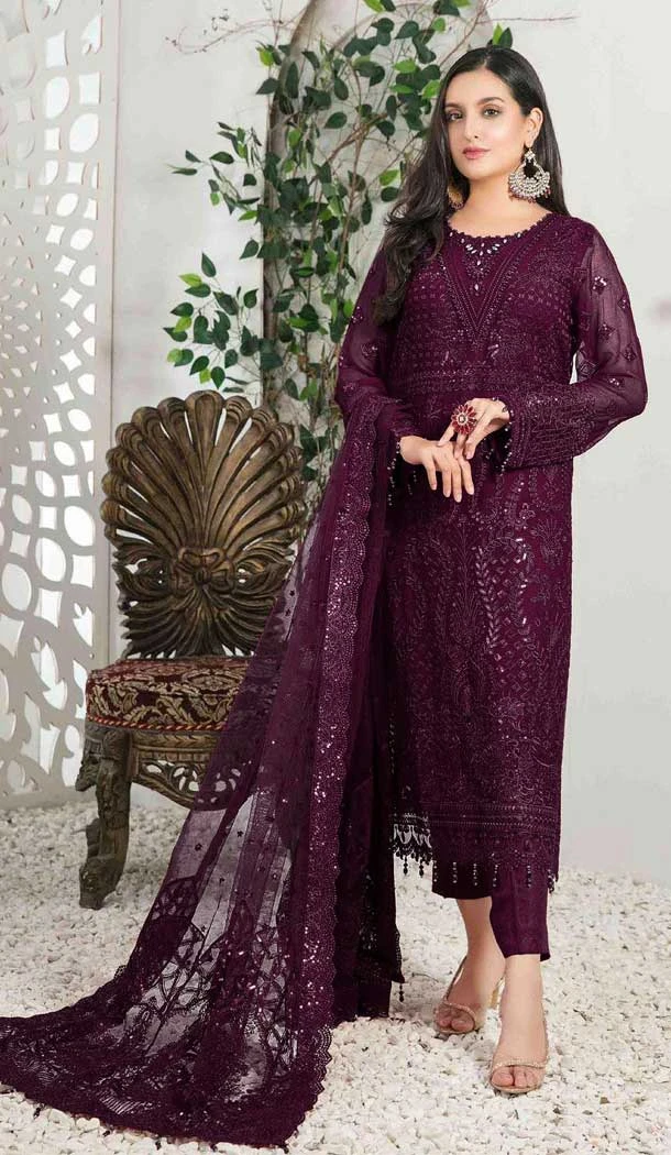 Festival Wear Wine Color Fox Georgette Embroidery Pakistani Salwar Kameez -5715164128