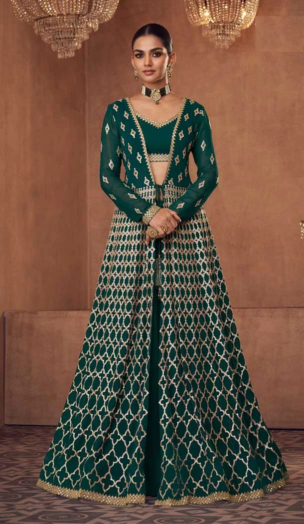 Dark Green Color Fox Georgette Sequins Wedding Wear Designer Salwar Suit -5716164129