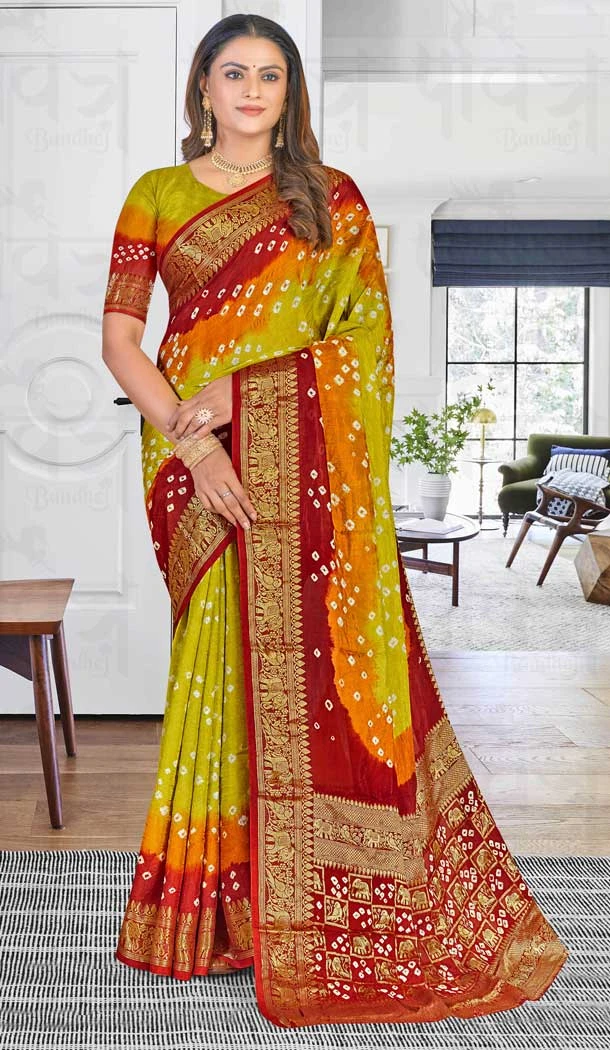 Light Green Color Art Silk Weaving Work Festival Wear Designer Bandhej Saree -5722164157