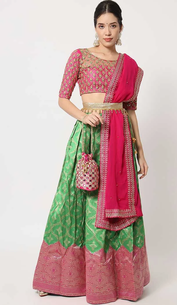 Green Color Lichi Silk Woven And Zari Work Function Wear Designer Lehenga Choli -572164174