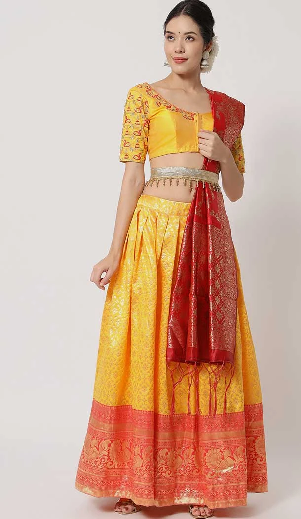 Yellow Color Lichi Silk Woven And Zari Work Function Wear Designer Lehenga Choli -572164176