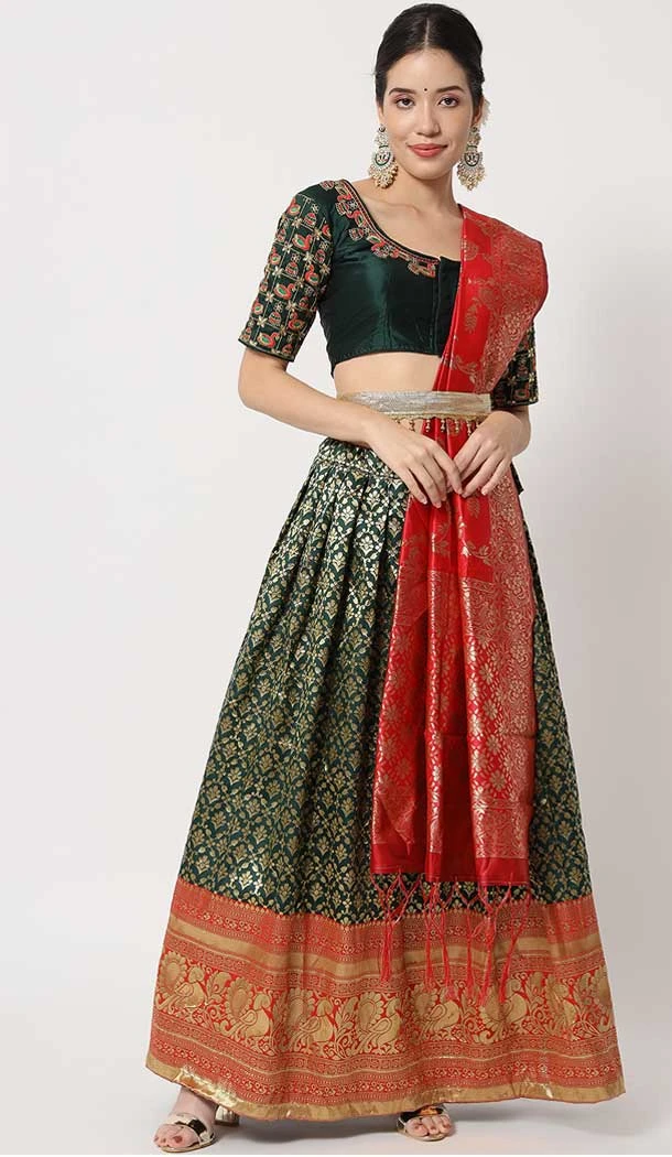 Dark Green Color Lichi Silk Woven And Zari Work Function Wear Designer Lehenga Choli -572164179