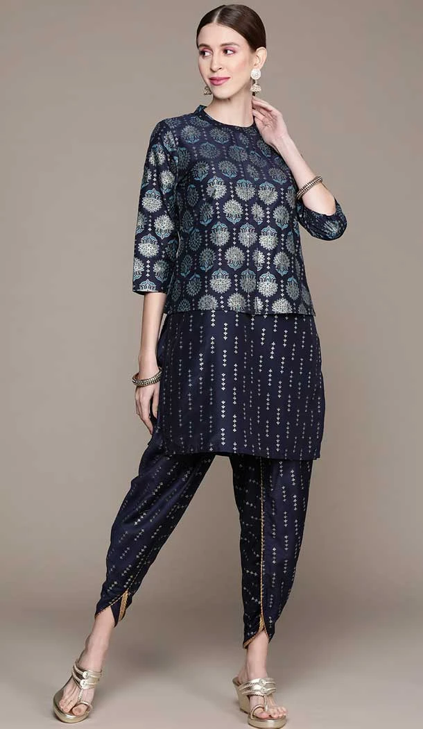 Navy Blue Color Chinon Printed Work Readymade Kurti With Dhoti And Jacket -5731164203