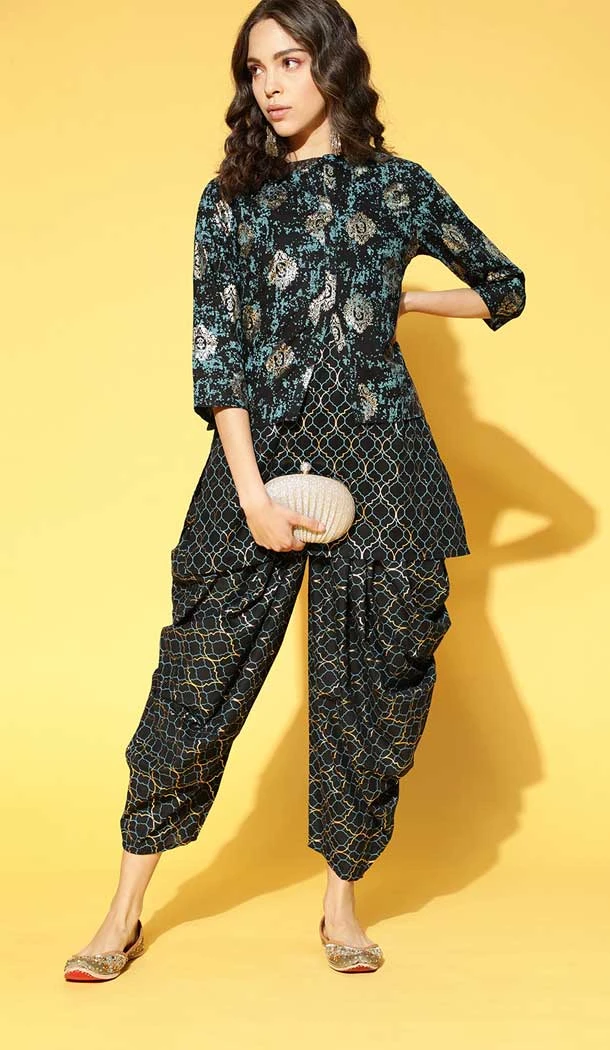 Printed Work Black Color Chinon Readymade Kurti With Dhoti And Jacket -5731164204