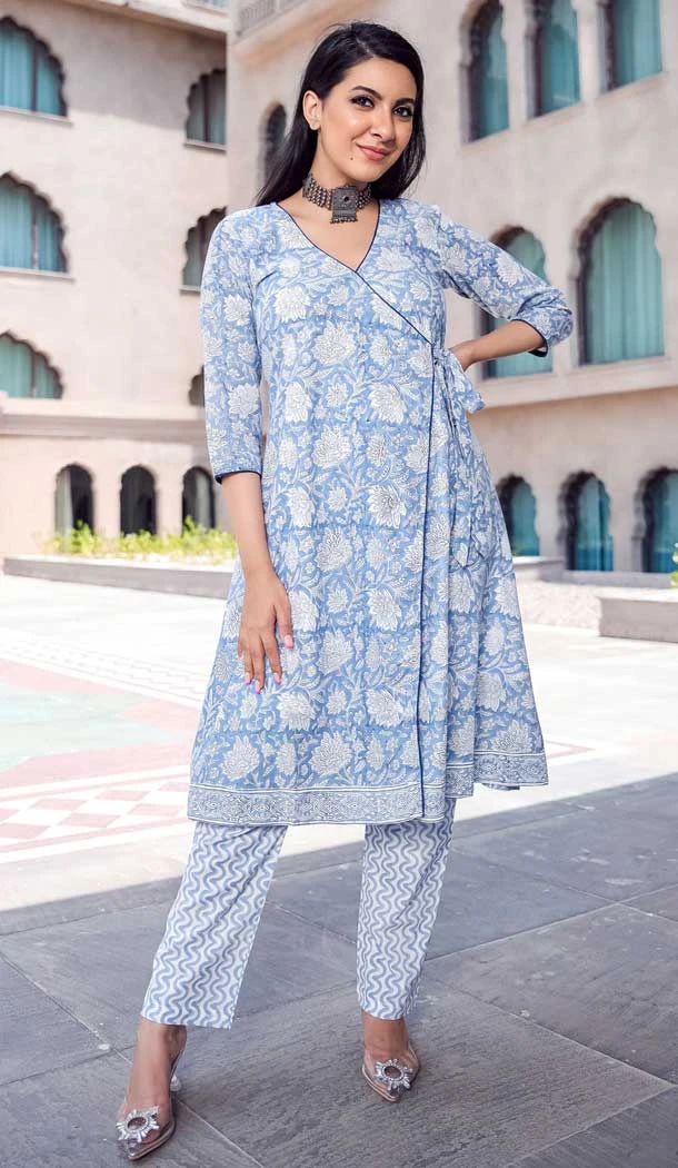 Sky Blue Color Pure Maslin Block Print Work Casual Wear Designer Kurti -5723164163