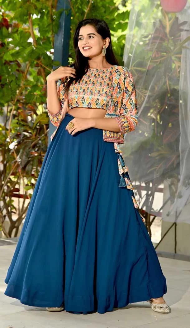 Festival Wear Navy Blue Color Faux Blooming Digital Print Work Designer Lehenga Choli -5724164164