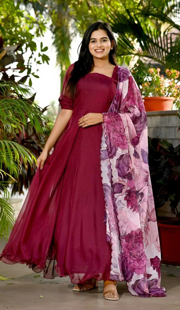 Wine Color Print Work Tebby Silk Party Wear Designer Gown With Dupatta -5725164167