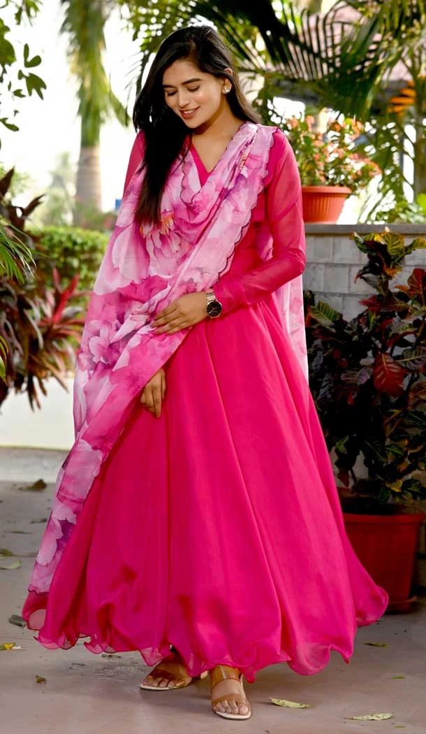Pink Color Print Work Tebby Silk Party Wear Designer Gown With Dupatta -5725164168