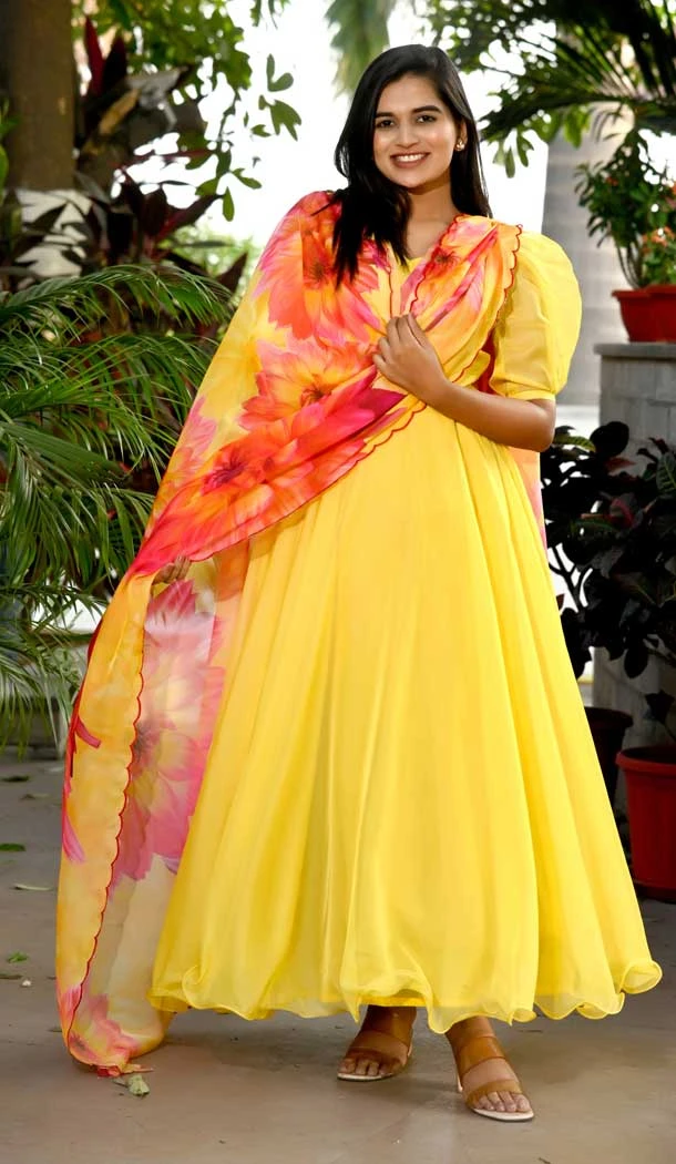 Yellow Color Print Work Tebby Silk Party Wear Designer Gown With Dupatta -5725164169