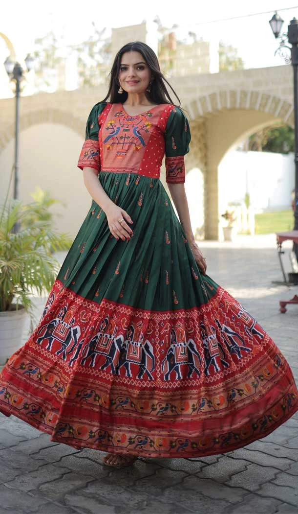 Green Color Dola Silk Patola Foil Print Work Festival Wear Designer Gown -5726164170