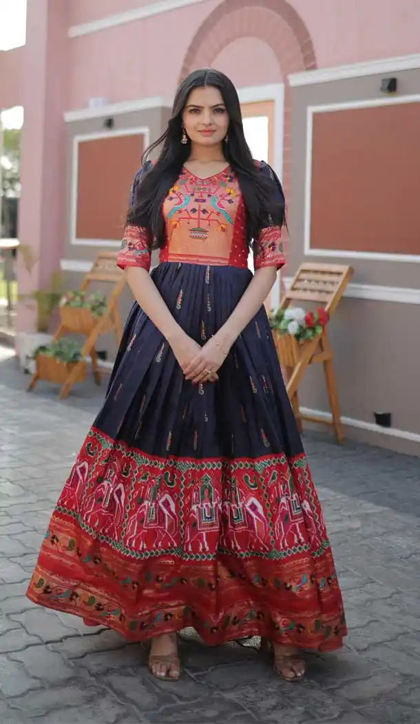 Blue Color Dola Silk Patola Foil Print Work Festival Wear Designer Gown -5726164171