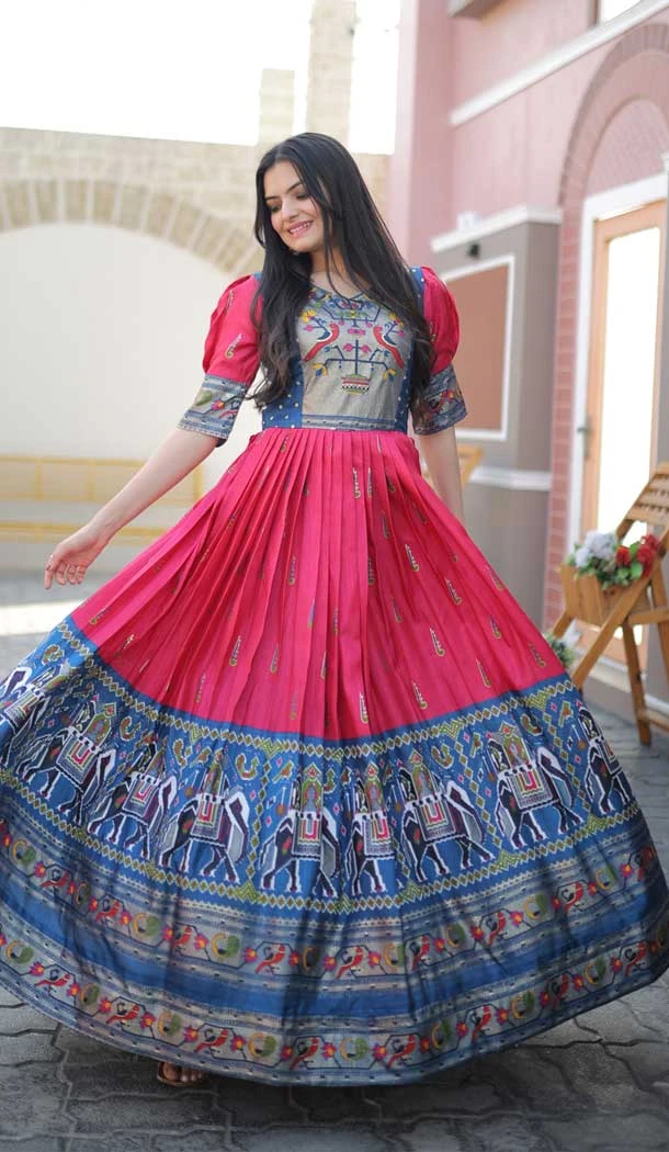 Pink Color Dola Silk Patola Foil Print Work Festival Wear Designer Gown -5726164172