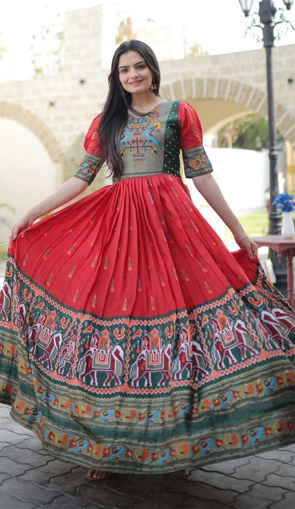 Red Color Dola Silk Patola Foil Print Work Festival Wear Designer Gown -5726164173