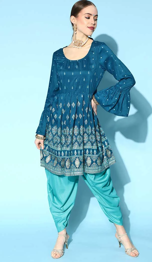 Teal Color Chinon Foil Print Work Party Wear Readymade Kurti And Dhoti -5732164205