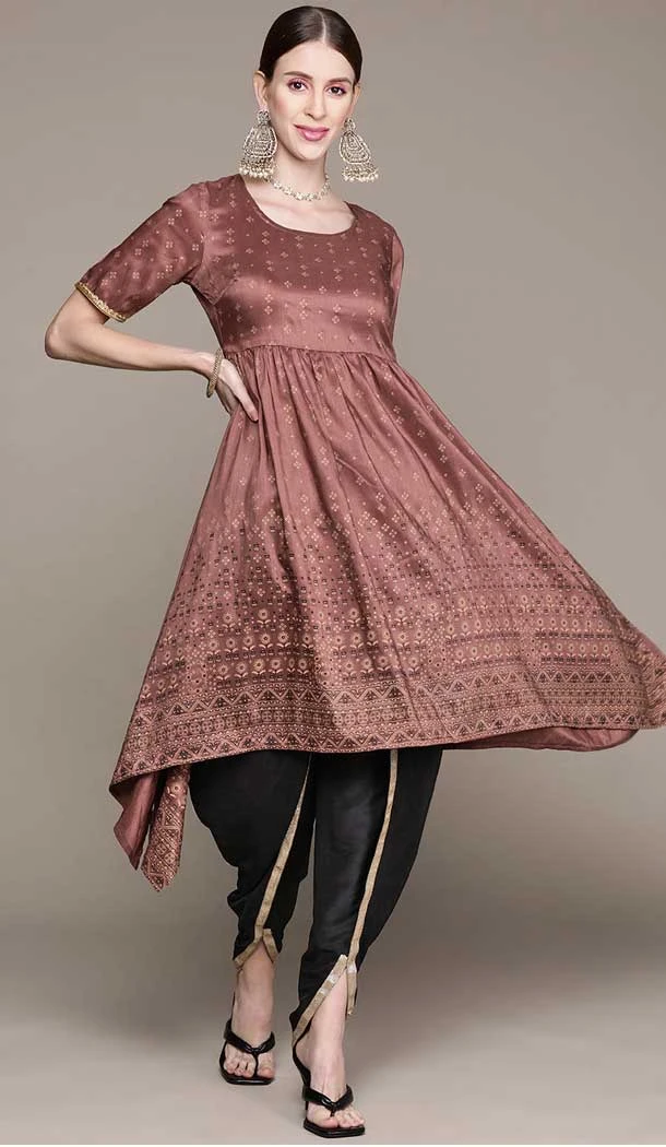 Brown Color Chinon Foil Print Work Party Wear Readymade Kurti And Dhoti -5732164206