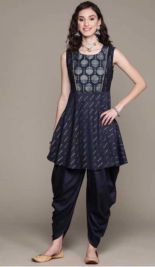 Navy Blue Color Chinon Foil Print Work Party Wear Readymade Kurti And Dhoti -5732164207