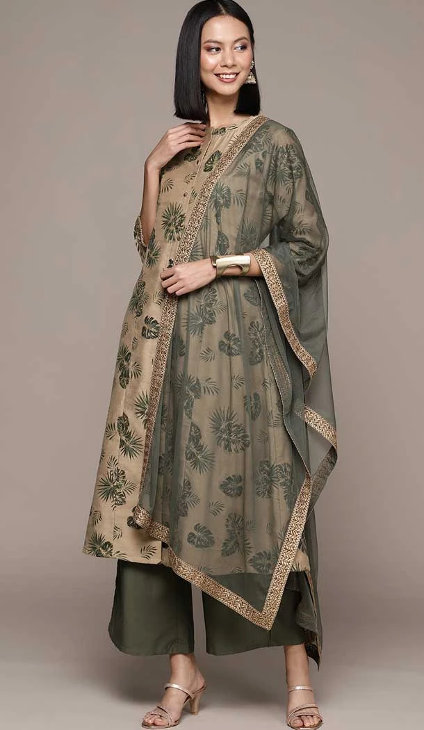 Beige Color Chanderi Cotton Digital Print Pakistani Readymade Palazzo Suit -5738164297