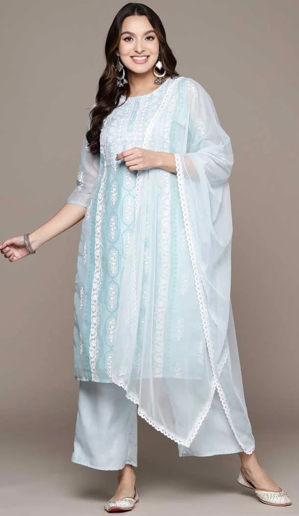 Sky Blue Color Chanderi Cotton Digital Print Pakistani Readymade Palazzo Suit -5738164298