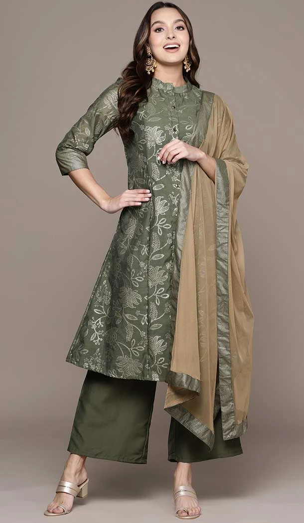 Green Color Chanderi Cotton Digital Print Pakistani Readymade Palazzo Suit -5738164300