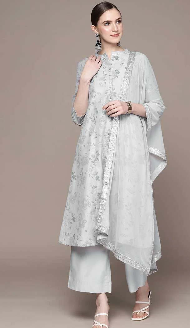 Grey Color Chanderi Cotton Digital Print Pakistani Readymade Palazzo Suit -5738164301