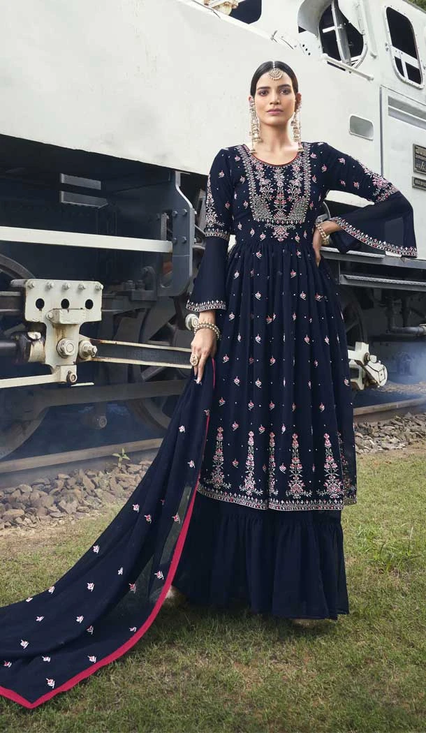 Navy Blue Color Georgette Zari Embroidery Work Designer Sharara Salwar Suit -5744164334