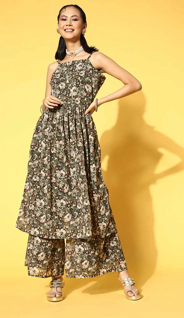 Olive Green Color Georgette Digital Print Work Readymade Kurti with Bottom -5751164372