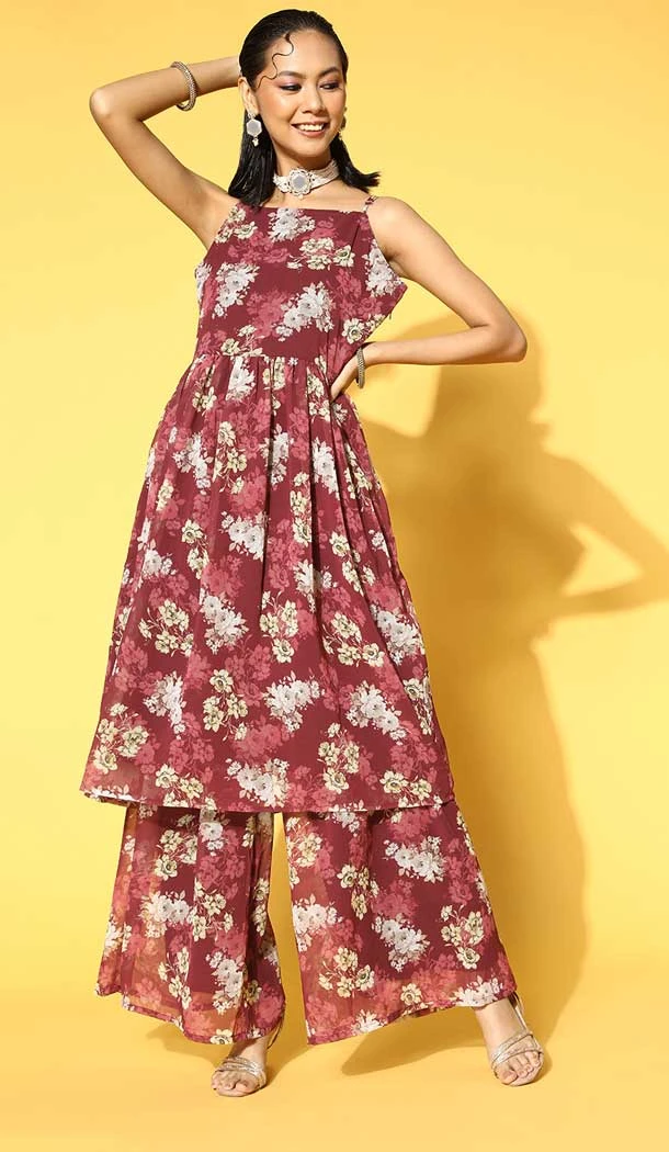 Red Color Georgette Floral And Digital Print Work Readymade Kurti with Bottom -5751164374