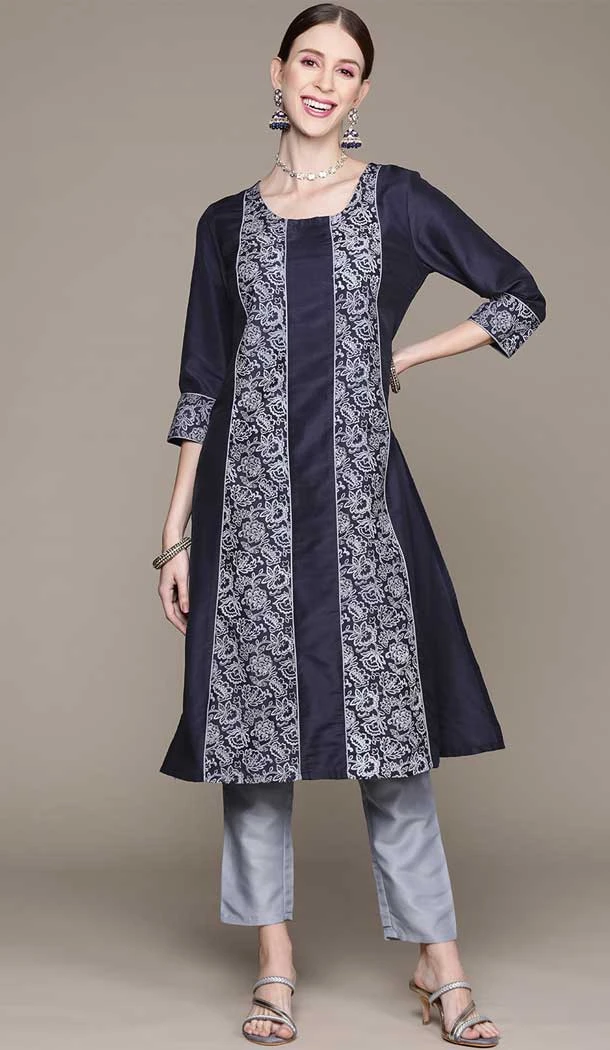 Navy Blue Color Chinon Floral Print Work Casual Wear Kurti And Pant -5752164375