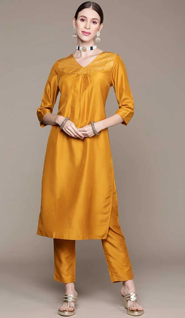 Mustard Color Chinon Floral Print Work Casual Wear Kurti And Pant -5752164376