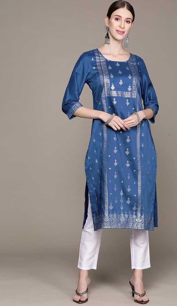Teal Blue Color Chinon Foil Print Work Casual Wear Kurti And Pant -5752164377