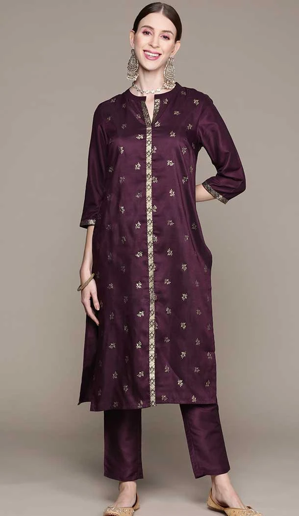 Wine Color Chinon Foil Print Work Casual Wear Kurti And Pant -5752164379