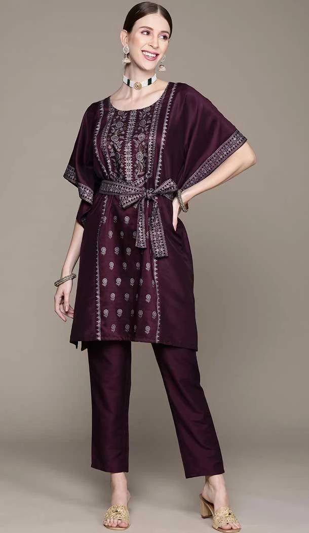 Chinon Wine Color Foil Print Work Casual Wear Kurti And Pant -5752164380