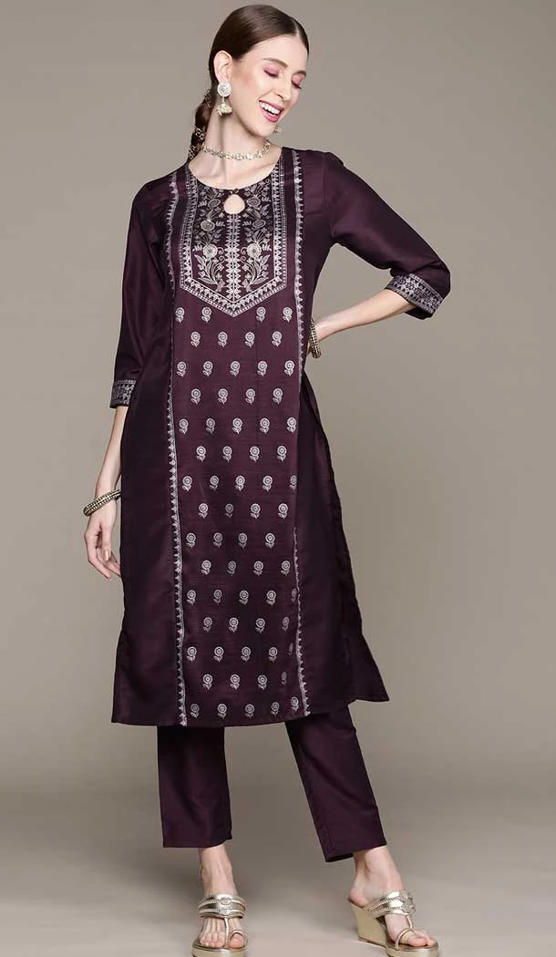 Foil Print Work Wine Color Chinon Casual Wear Kurti And Pant -5752164381