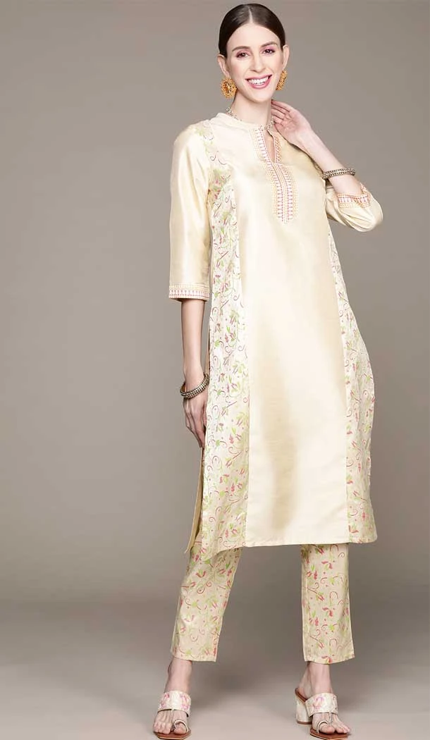 Cream Color Chinon Floral Print Work Casual Wear Kurti And Pant -5752164382