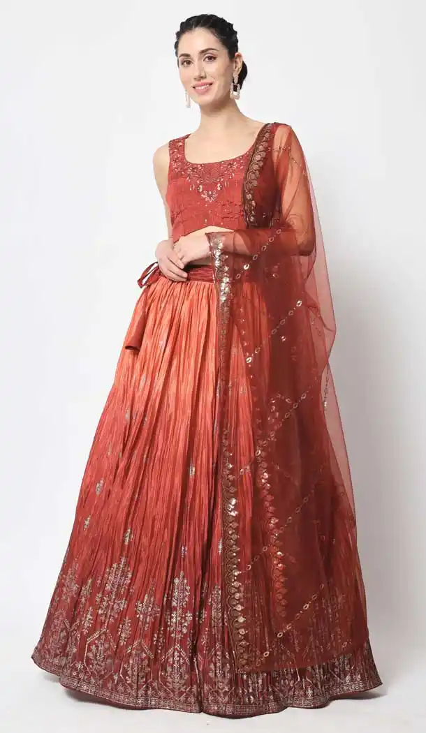 Rust Orange Color Chinon Silk Embroidery Work Designer Women Lehenga Choli - 5759164423