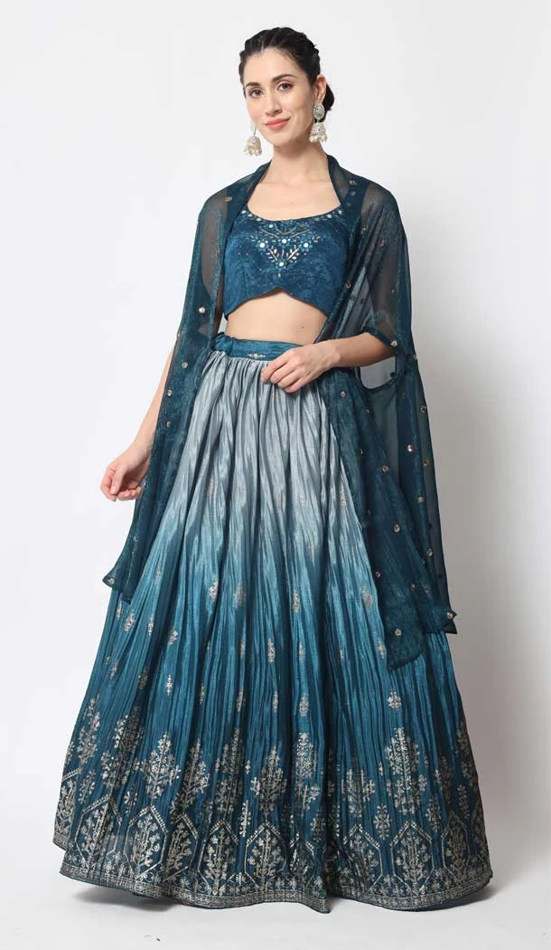 Teal Blue Color Chinon Silk Embroidery Work Designer Women Lehenga Choli - 5759164424