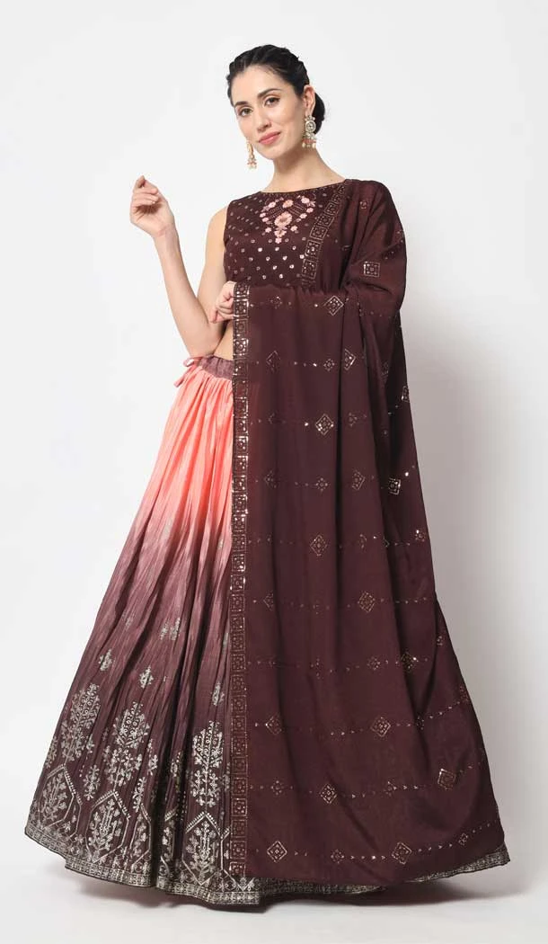 Brown Color Chinon Silk Embroidery Work Designer Women Lehenga Choli - 5759164427