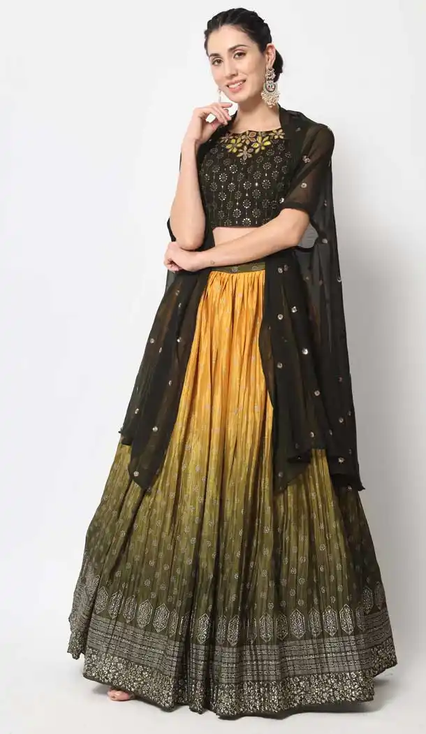 Olive Green Color Chinon Silk Embroidery Work Designer Women Lehenga Choli - 5759164432