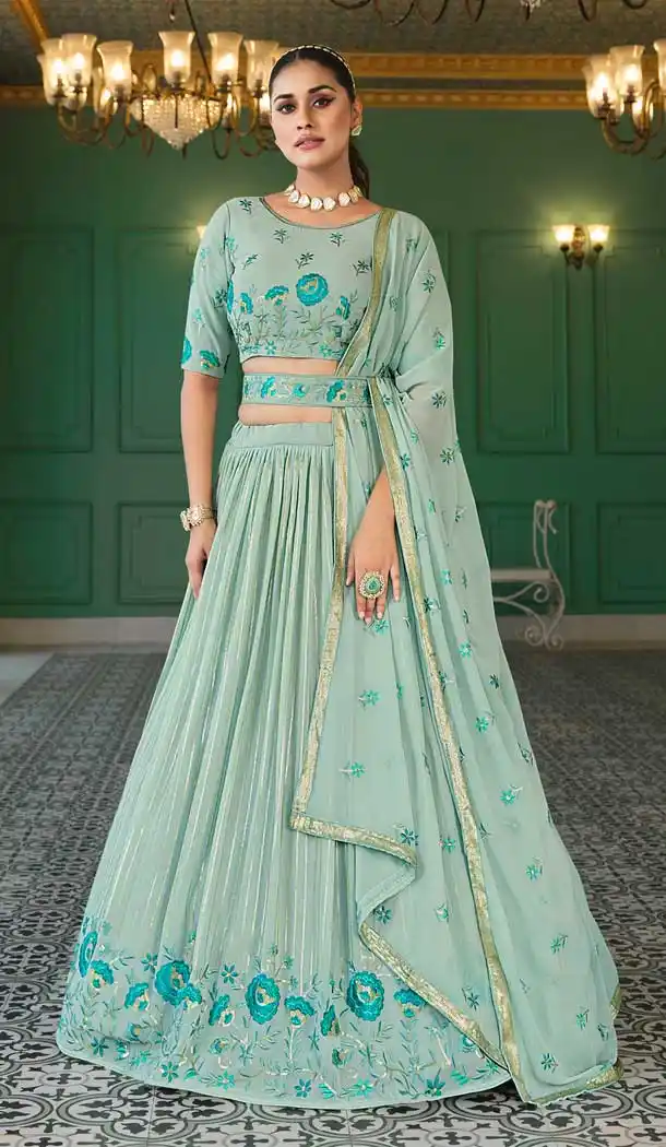 Pista Green Color Georgette Embroidery Work Party Wear Designer Lehenga Choli -5760164435