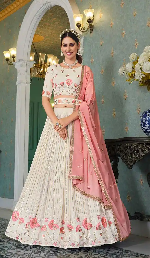 Pearl White Color Georgette Embroidery Work Party Wear Designer Lehenga Choli -5760164437
