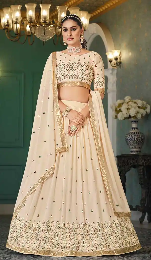 Beige Color Georgette Embroidery Work Party Wear Designer Lehenga Choli -5760164439
