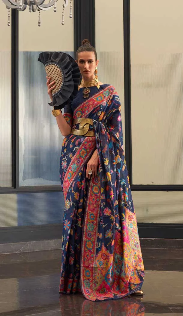 Navy Blue Color Kashmiri Handloom Weaving Resham Work Festival Wear Saree -5761164440