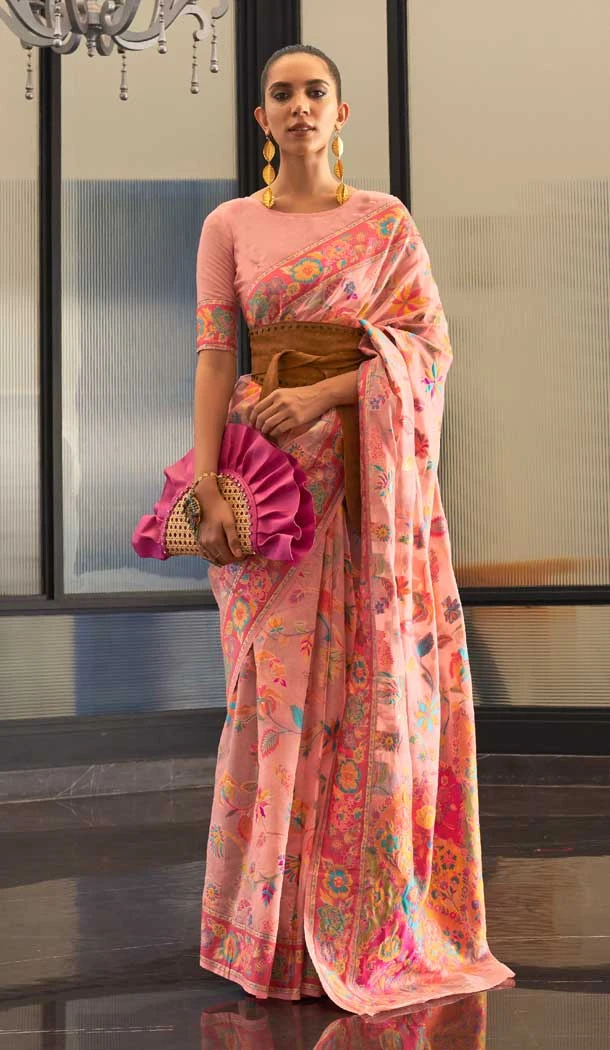 Pink Color Kashmiri Handloom Weaving Resham Work Festival Wear Saree -5761164441