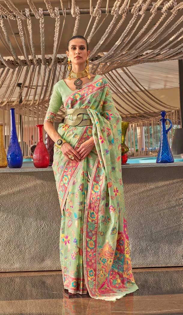 Pista Color Kashmiri Handloom Weaving Resham Work Festival Wear Saree -5761164442