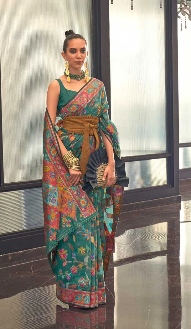 Teal Green Color Kashmiri Handloom Weaving Resham Work Festival Wear Saree -5761164443