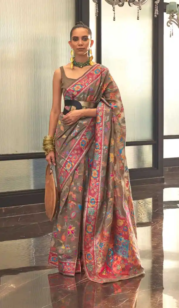 Light Brown Color Kashmiri Handloom Weaving Resham Work Festival Wear Saree -5761164445