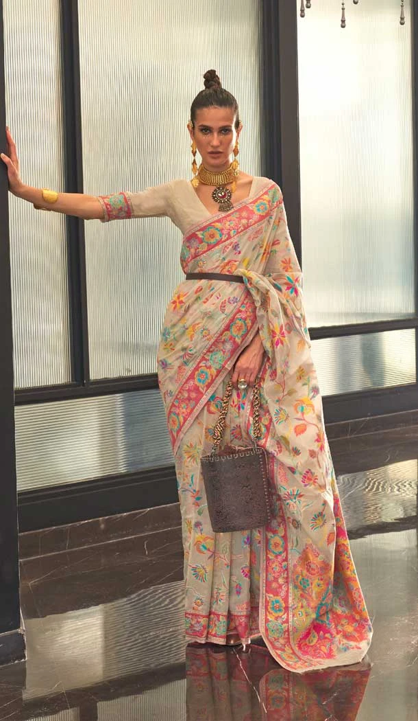 Beige Color Kashmiri Handloom Weaving Resham Work Festival Wear Saree -5761164446