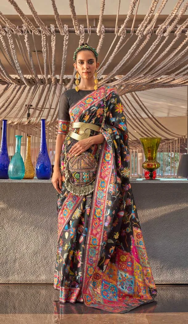 Black Color Kashmiri Handloom Weaving Resham Work Festival Wear Saree -5761164447
