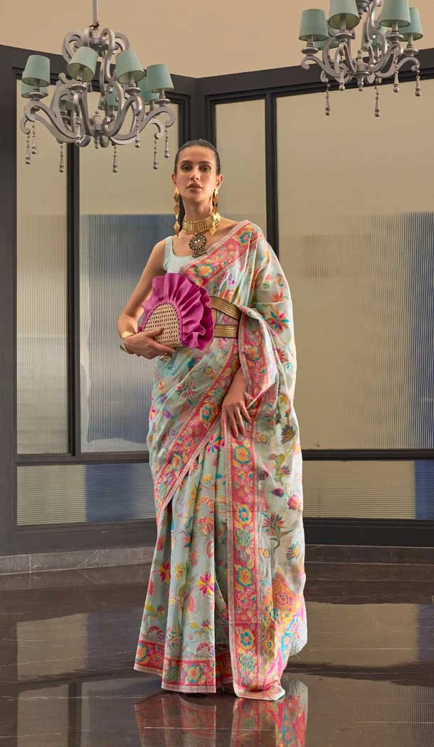Sky Blue Color Kashmiri Handloom Weaving Resham Work Festival Wear Saree -5761164448