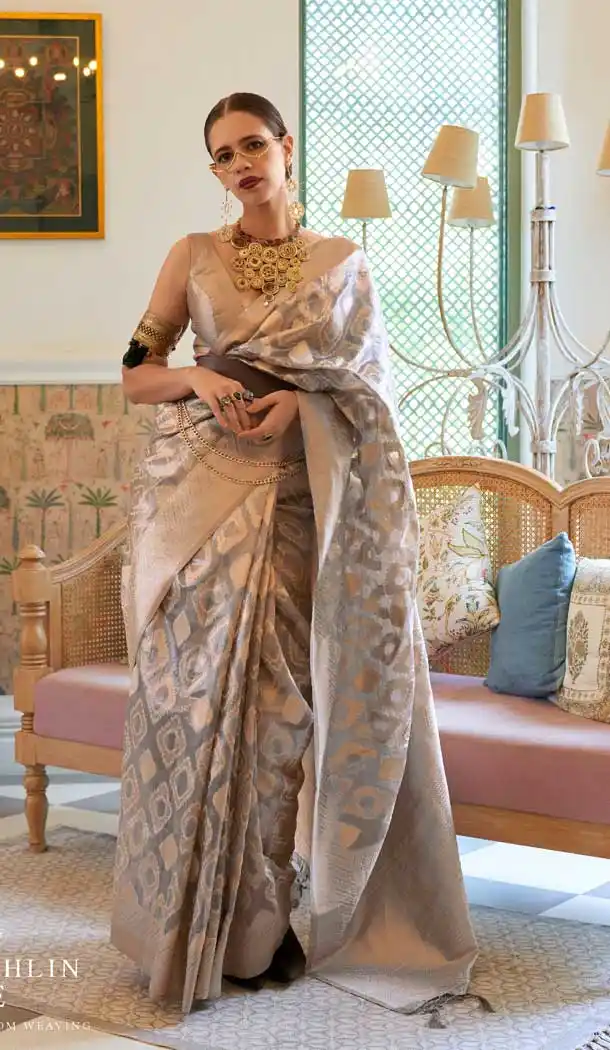 Grey Color Weaving Silk Zari Work Party Wear Designer Saree -5762164453